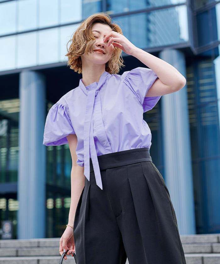 コットンブレンドギャザースリーブボウタイブラウス【メール便可／80