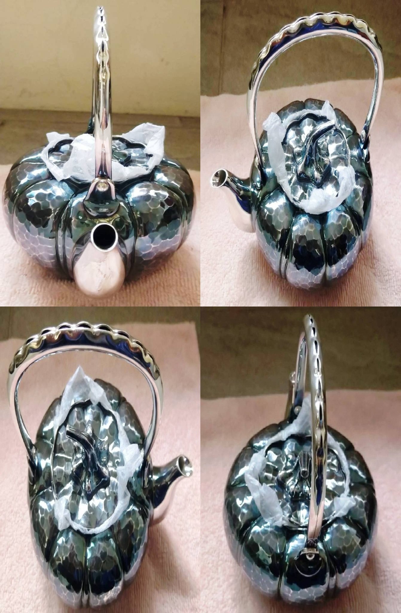 日本國寶級金工名家(松榮堂)純銀茶器豆莢提把南瓜型銀壺.銀杯六件組共