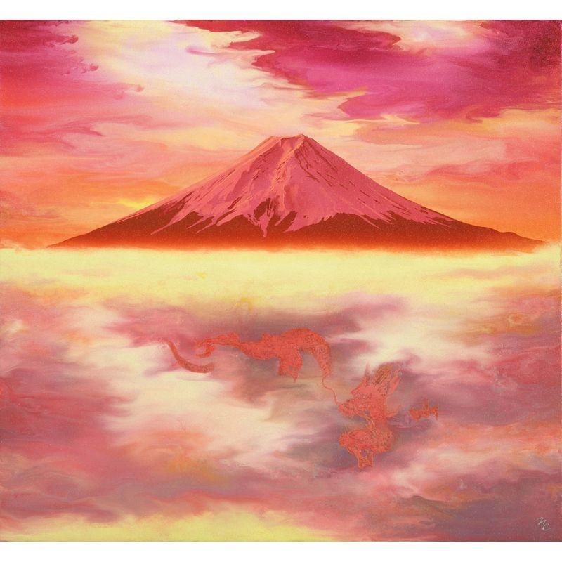 鎮西直秀 「瑞輝 赤富士・宗達赤龍煌雲」 紙に油彩特6号（37.9×40.9cm