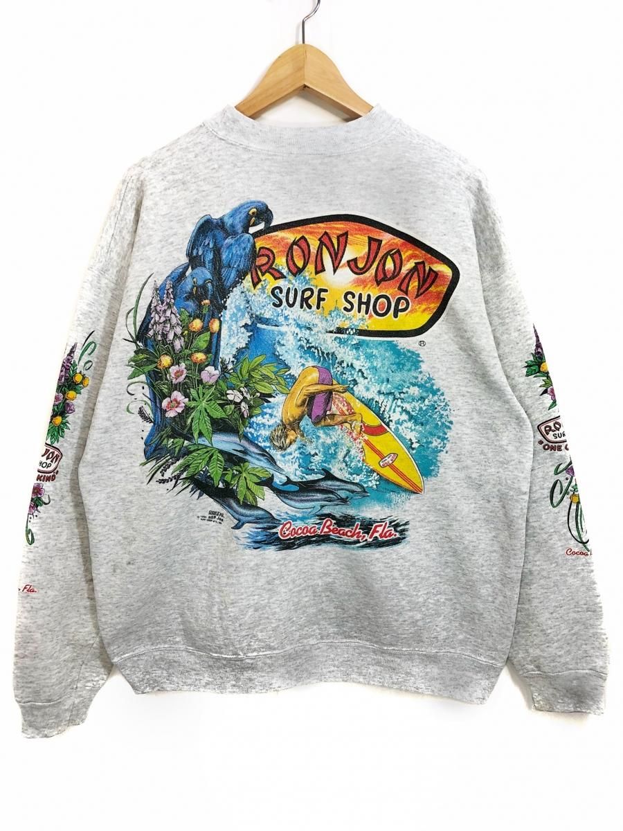 90s RON JON Sleeve Print Sweat Shirt 灰 L相当 ロンジョン ロゴ