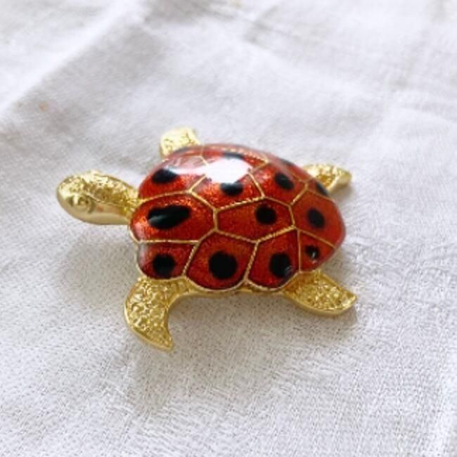 フランス直輸入 亀ヴィンテージブローチオレンジカラーの甲羅にドット