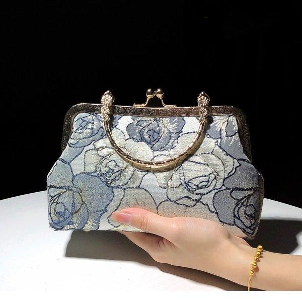 バッグ ジャガード 花柄 レトロ クラシカル がま口 台形 ハンドバッグ