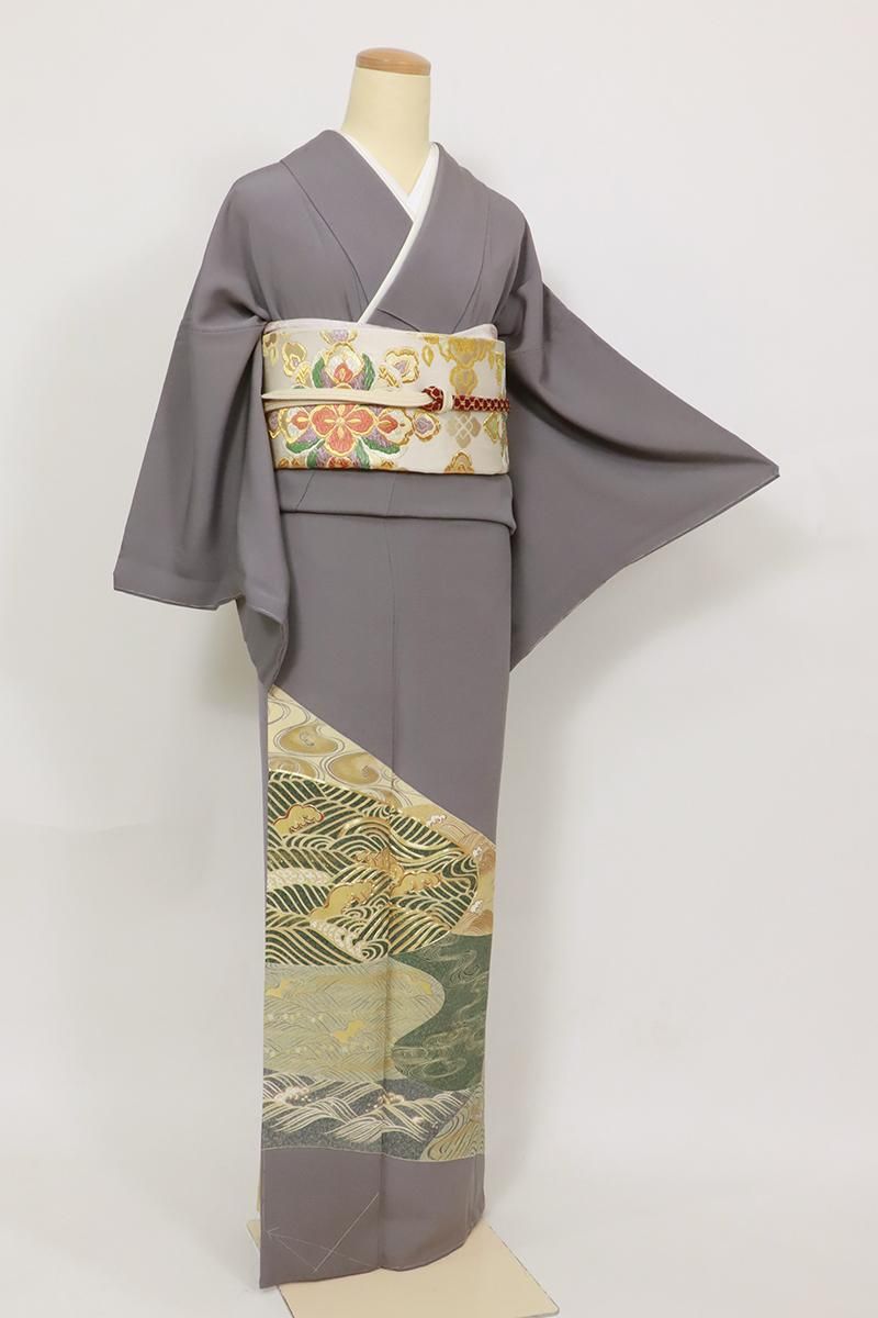 銀座【B-3652】染一ッ紋 色留袖 紫鼠色 波の図（反端付） - 銀座きもの