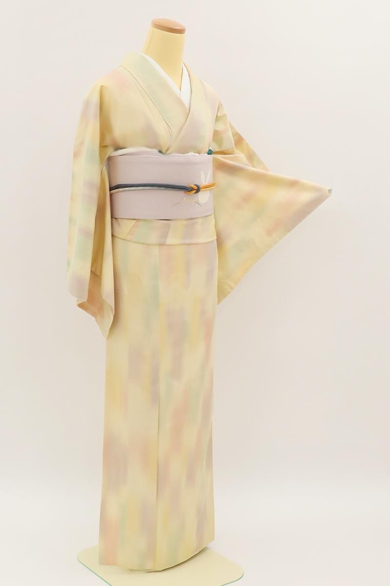 銀座【A-4042】渡源織物製 長井紬 黄色系 多彩な暈かし（反端付）:身丈