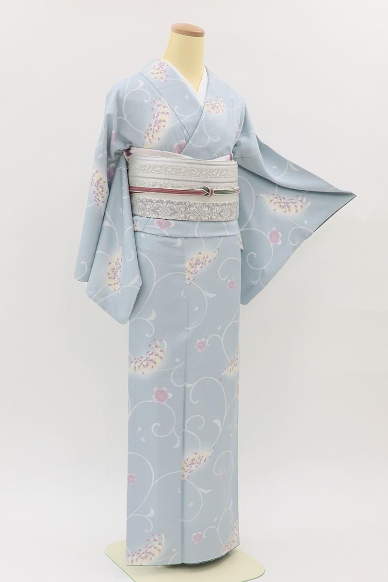 銀座【D-3731】小紋 淡い灰青色 唐草に桜や菊 :身丈159/裄66 - 銀座