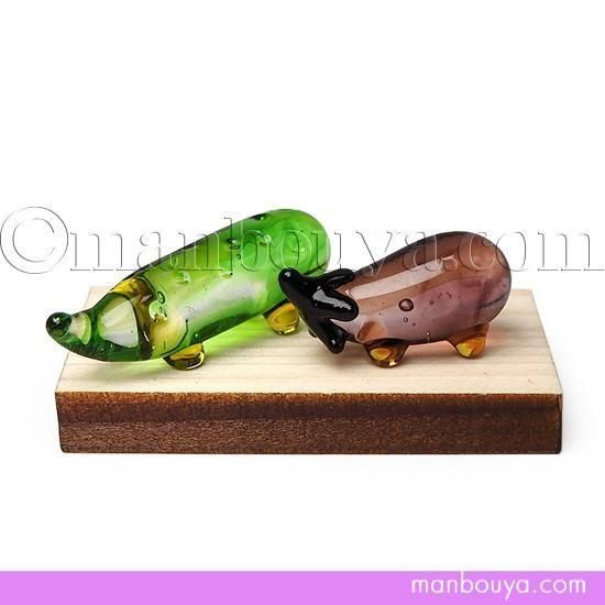 精霊馬 お盆飾り ガラス細工 ミニチュア きゅうり なす 木台 セット