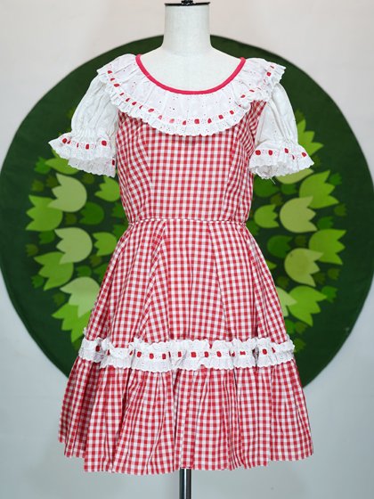 赤白ギンガムチェック柄フリルレースワンピース - メトロポリタン