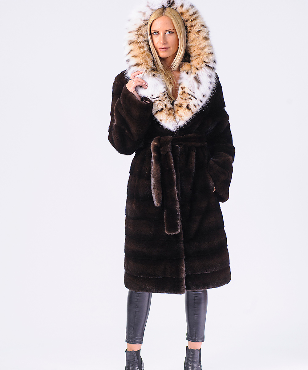 Mahogany Mink Fur Coat with Lynx Cat Fur Hood – Imperia Furs