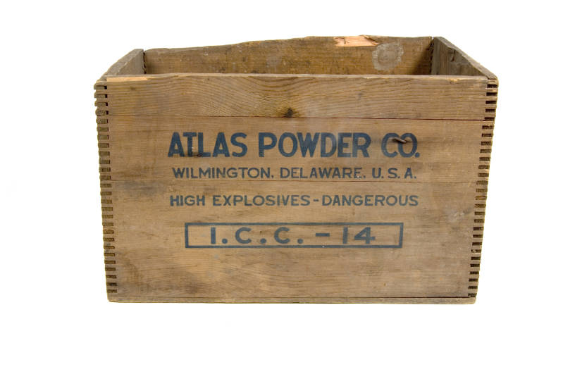 Atlas Powder Company wooden box - Side 1 - Coal Town Museum