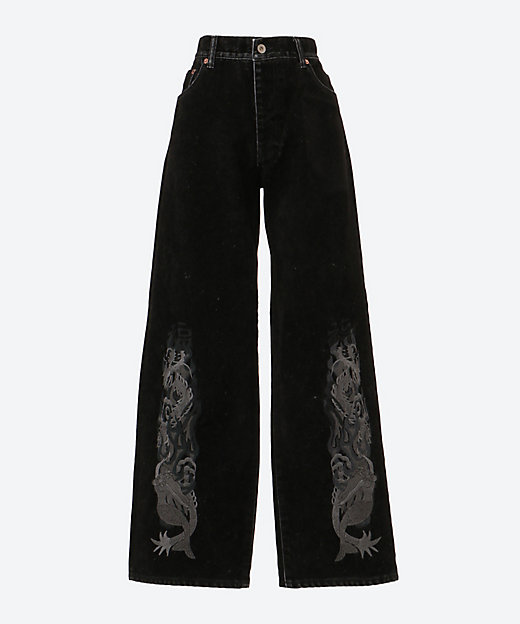 FLOCKED DENIM EMBROIDERED PANTS