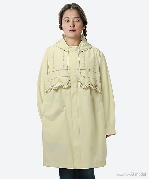 ポリエステルコットンツイル フラワーポイントスカラップ刺繍フーディ