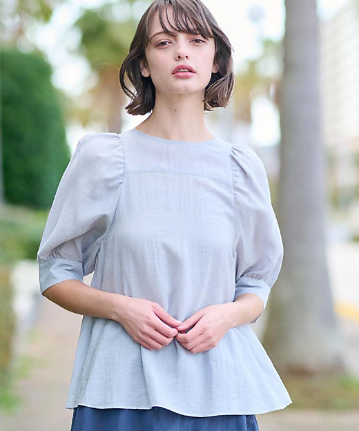 洗える／清涼感】ボリュームスリーブバックジップブラウス