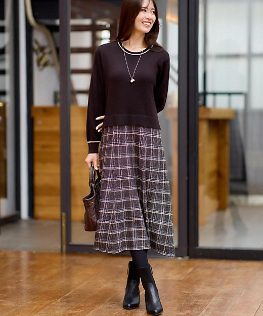 コートインでもすっきり◎】チェック柄ニットドッキングワンピース