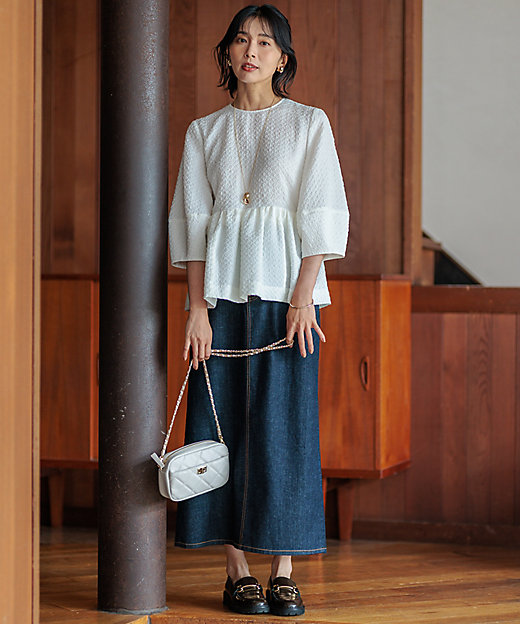 一部店舗限定／洗える】プレザンスジャカード ペプラム ブラウス