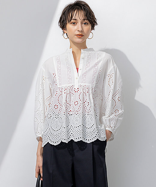 洗える】コットンエンブロイダリー クロップド ブラウス
