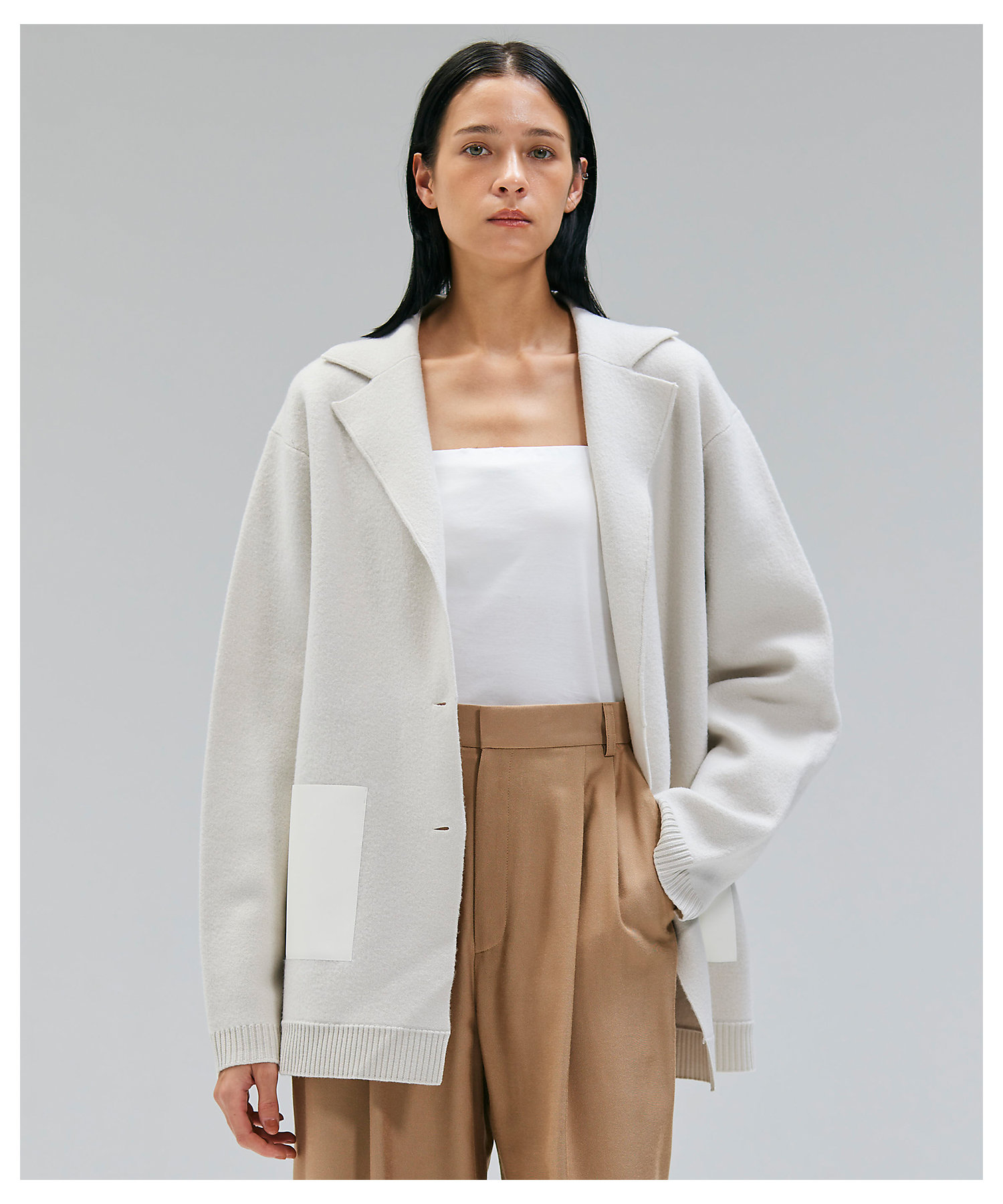 CHICORA ／ レザーポケット付きウールニットジャケット