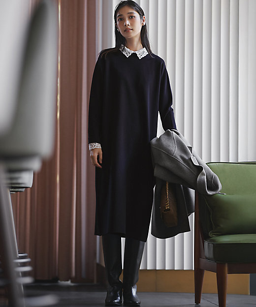 洗える／吊り干しOK】レーヨンストレッチ レース襟 ワンピース