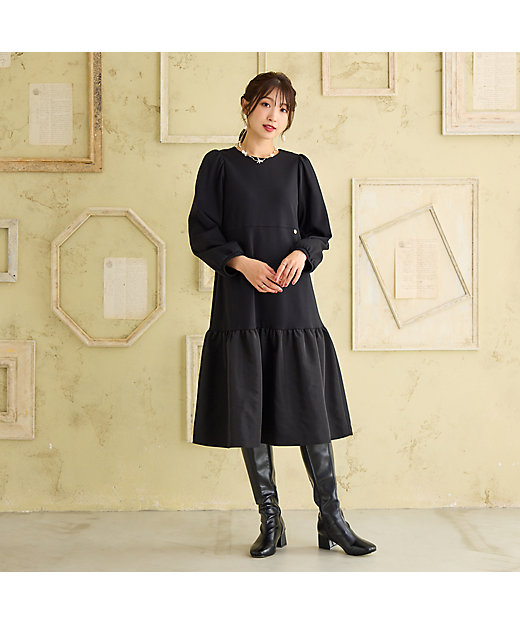 吸湿発熱／保温性】異素材切替ティアードワンピース（51016509