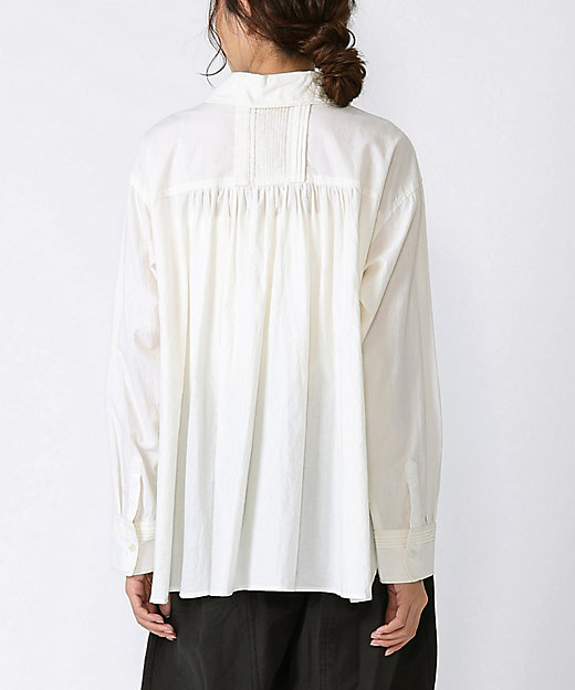 ジュマブラウス・白 ピンタックと手刺繍のロングスリーブブラウス