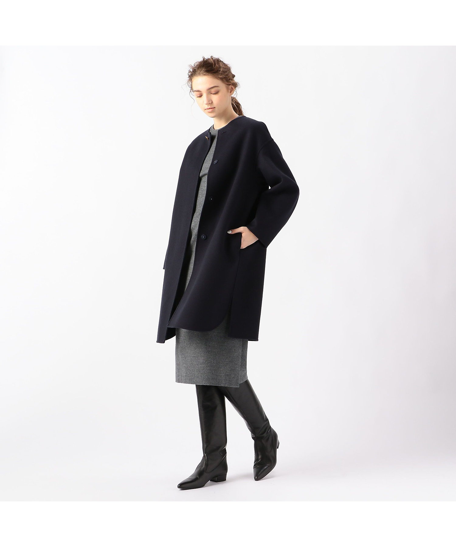 ウールカシミヤリバータータンチェック ノーカラーコート | maison