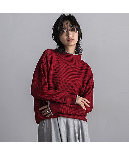 WEB限定】鹿の子編み配色ニットプルオーバー≪洗濯機で洗える