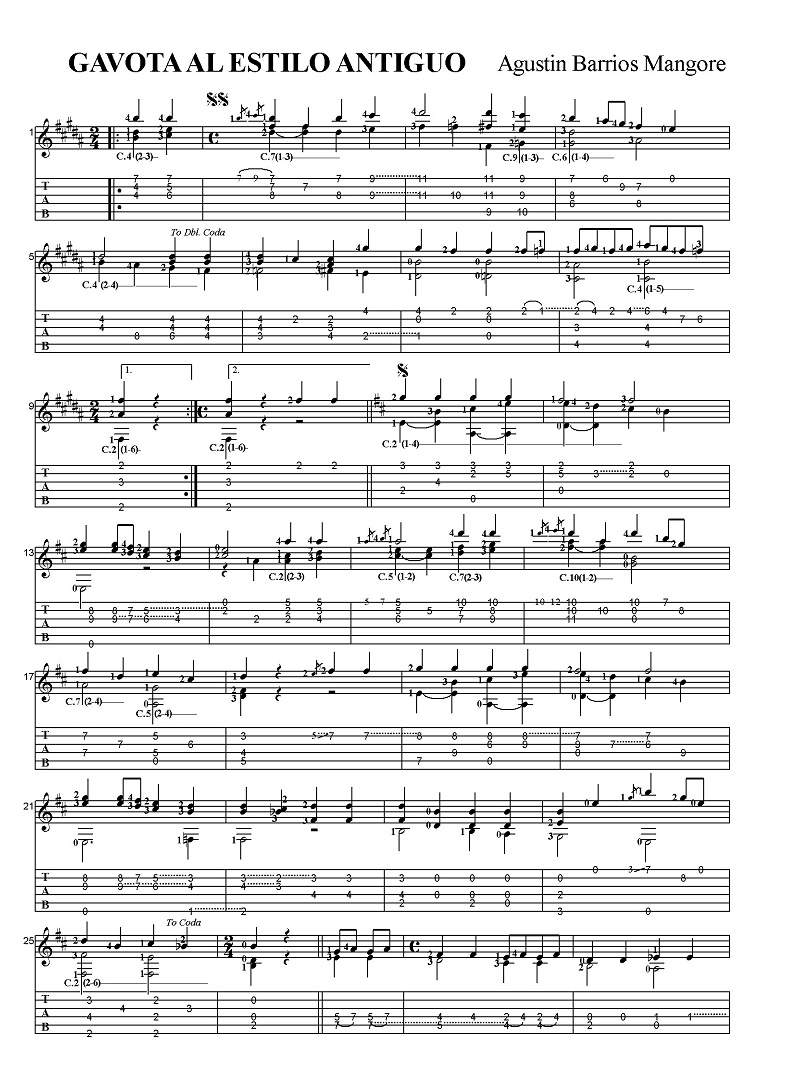 タブ譜付き楽譜 アグスティン・バリオス＝マンゴレ 古いガボット Sheet