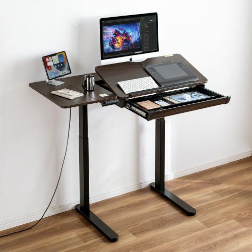 角度調整天板つき 電動昇降デスク 折りたたみ天板 引き出し付き 木目柄