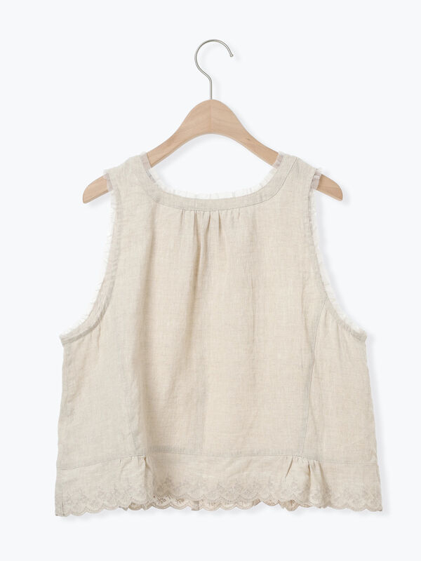 立川店/EC限定】リネンノースリレースブラウス（オフホワイト/ブラック