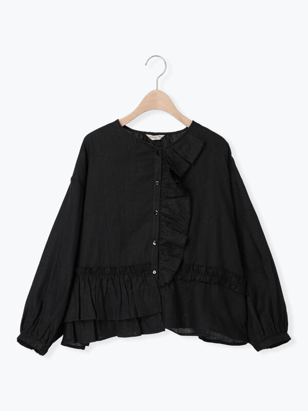 立川店/EC限定】リネン前開きフリルブラウス（オフホワイト/ブラック