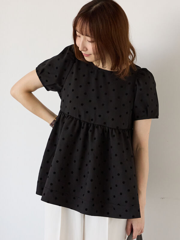 セール】 フロッキードットボリュームブラウス（オフホワイト