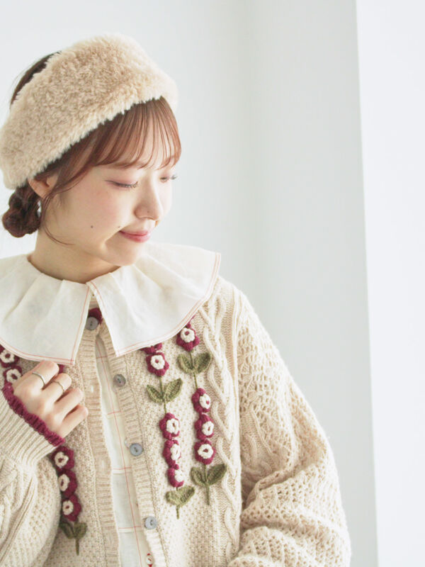 セール】 かぎ針お花モチーフ付きニットカーディガン（グレー