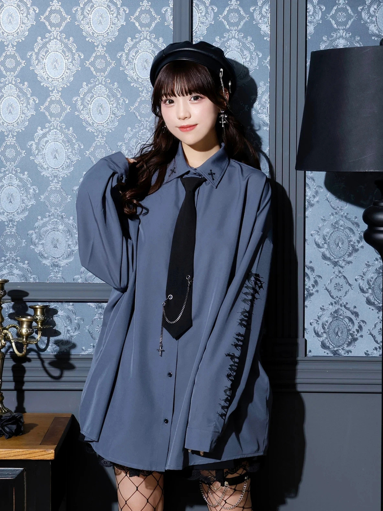 ネクタイ付きユニセックスシャツ（シャツ・ブラウス｜黒・オフホワイト