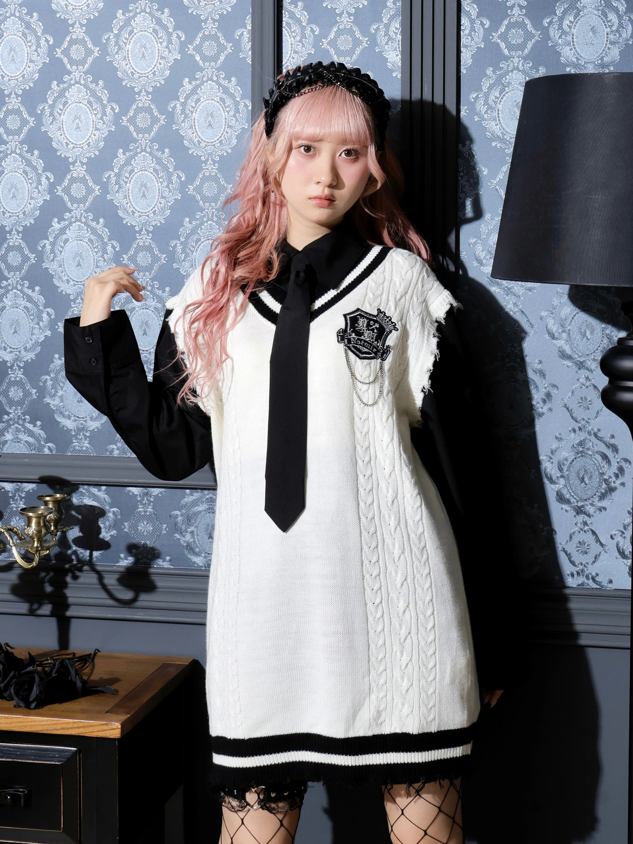 ケーブルフェイクレイヤーユニセックスニットベスト（チュニック｜オフ