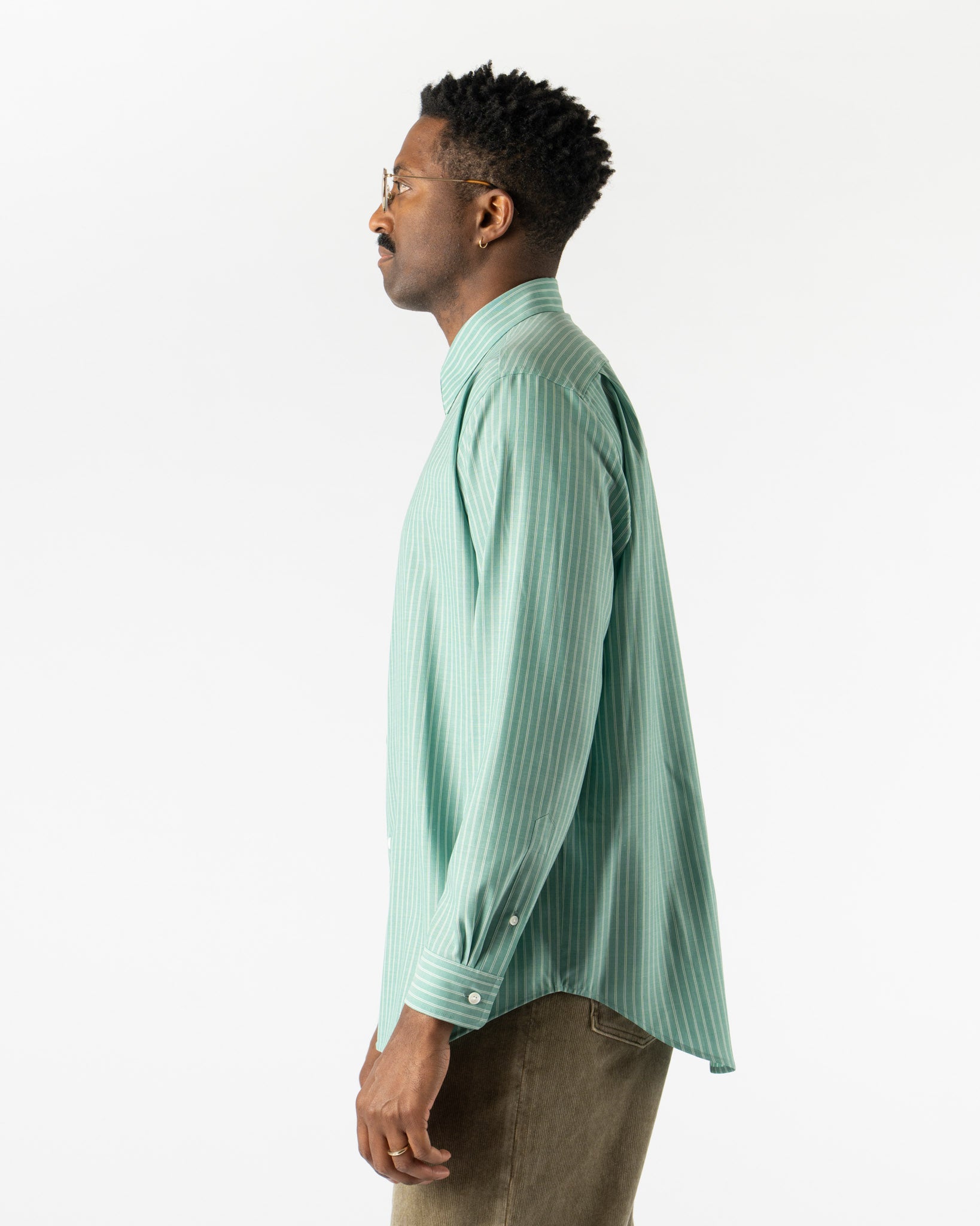Auralee Super Fine Wool Stripe Shirt in Green Stripe Curated at