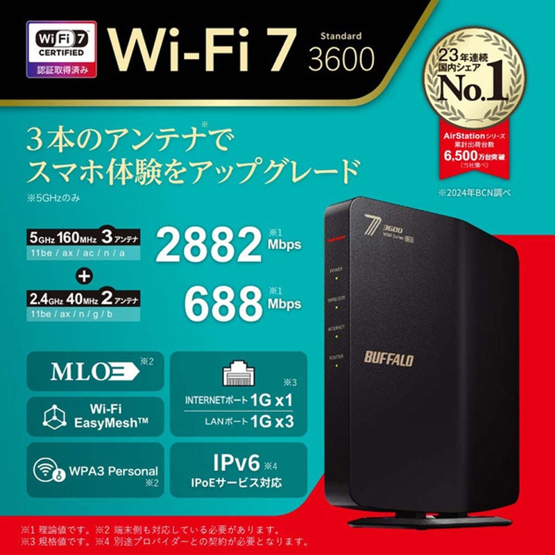 WSR3600BE4P/DBK 無線LAN親機11be/ax/ac/n/a/g/b 2882+688Mbps 1台