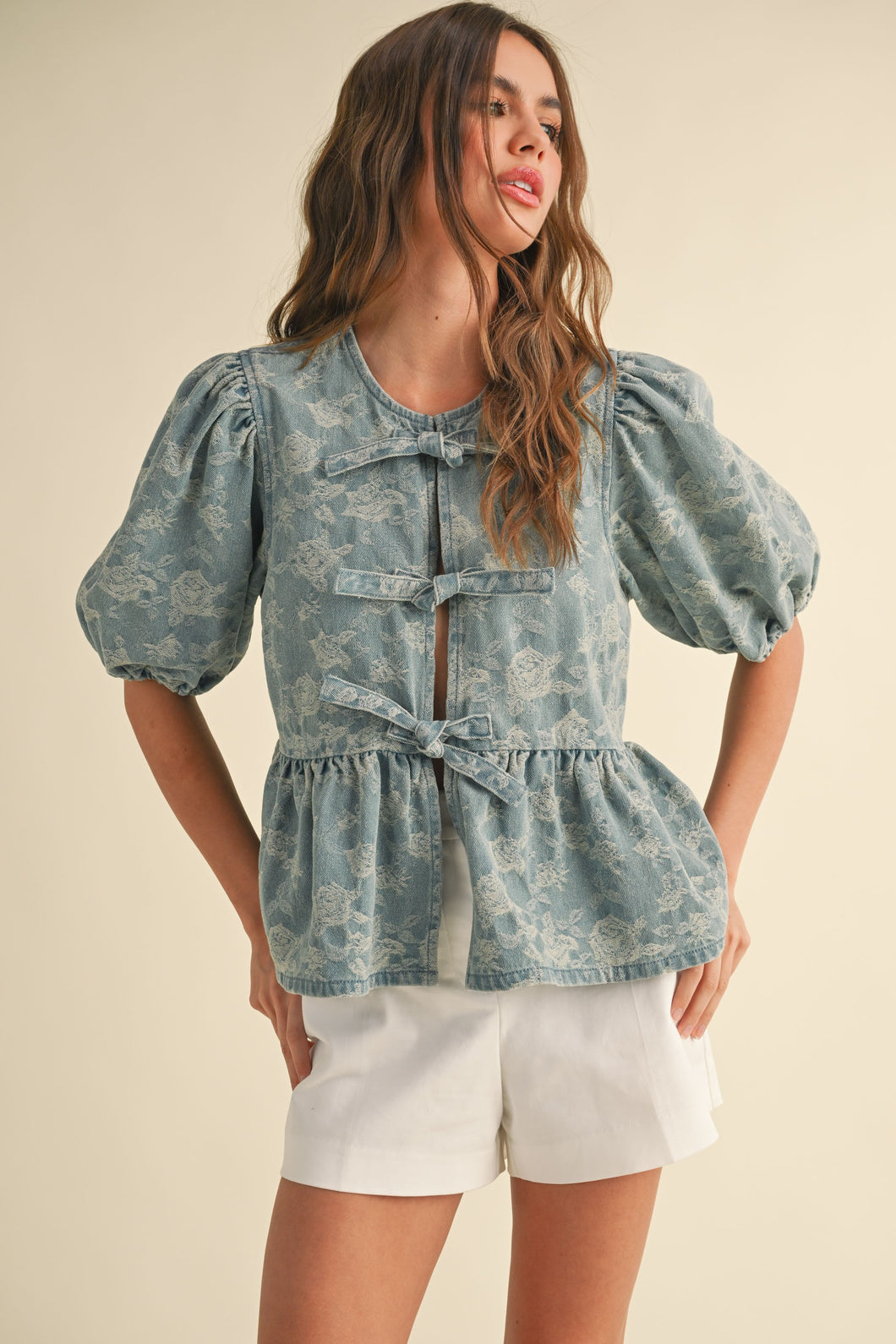 Miou Muse Floral Jacquard Open Front Bow Tie Top in Denim – June Adel