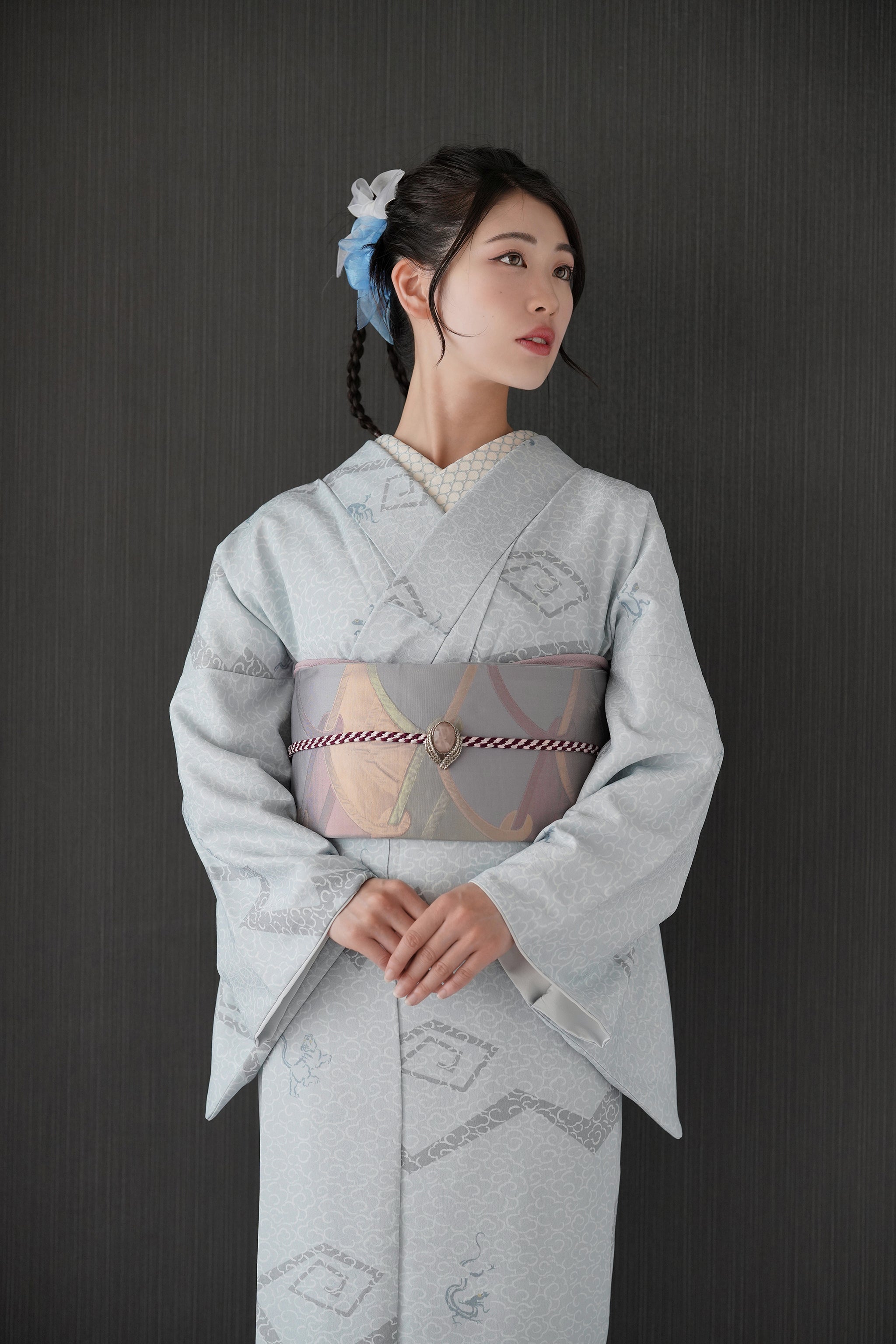 東レシルック 小紋 ～fuku～「雷雲に四神」ブルーグレー 【袷・単衣用