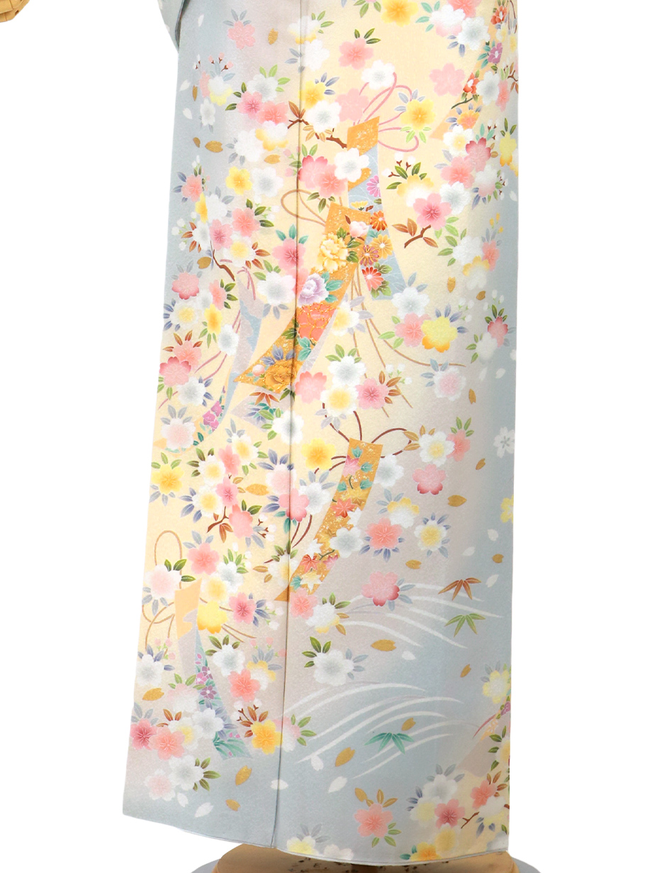 ブルーグレー地に桜と短冊の訪問着(袷) | 宅配着物レンタルの京都かし