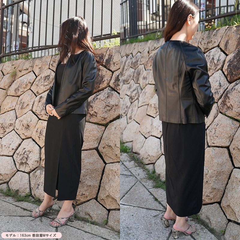 レディース ラム革 ノーカラー レザージャケット S/M/L/LL/3L ブラック