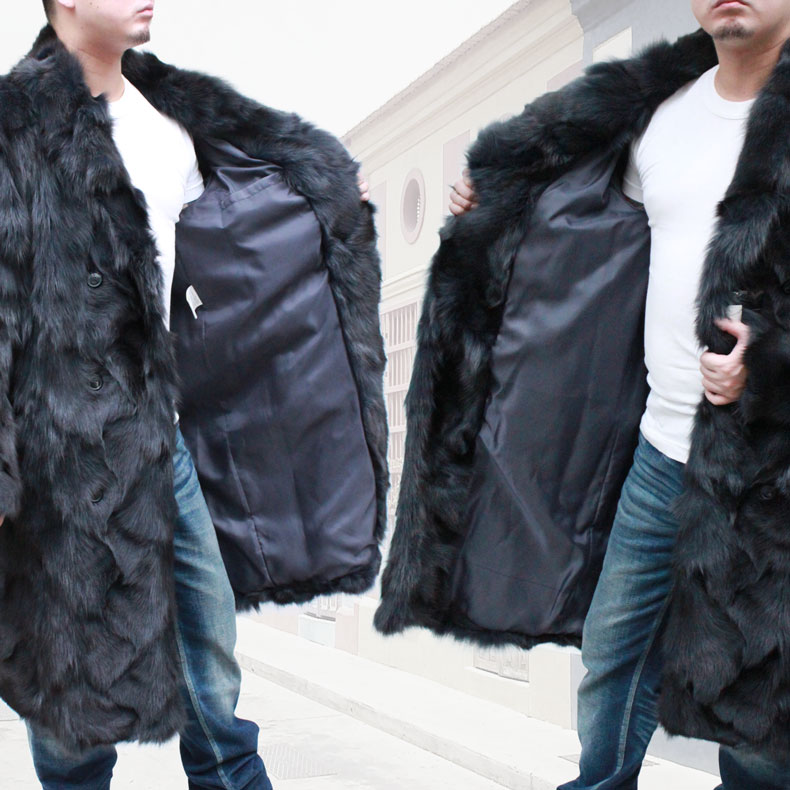 毛皮コート メンズ ブルーフォックス ファーコート ロングコート 膝丈