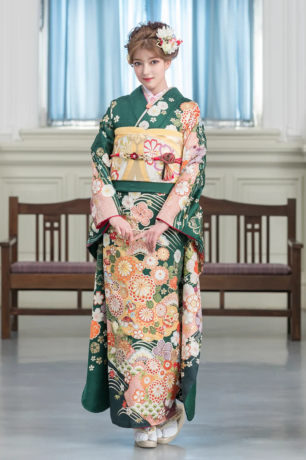 グリーン菊に松桜［FS0895］ - 成人式振袖レンタル・販売のふりそでエイト