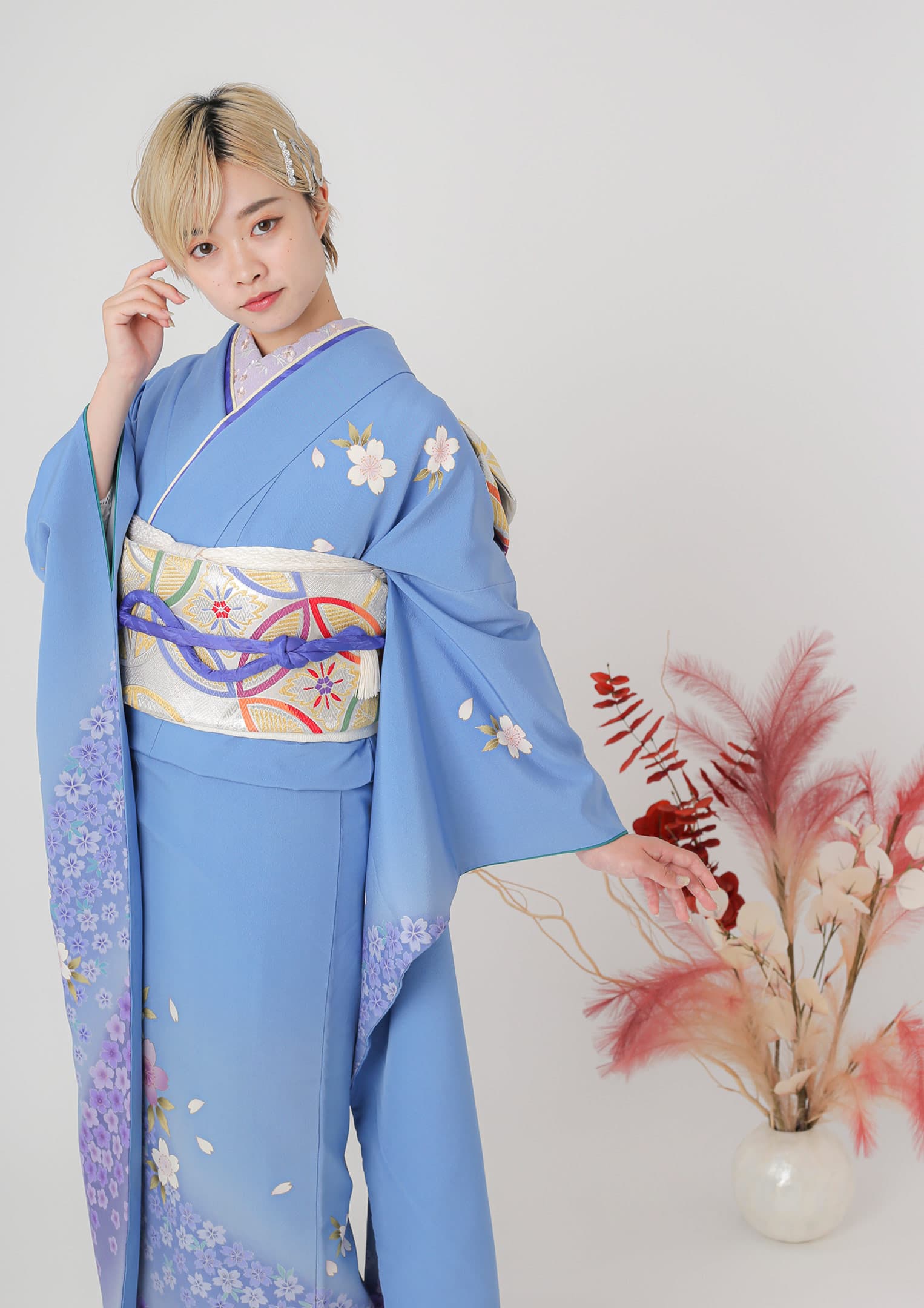 振袖ネットレンタル：伝統古典】流水に藤色×水色/C-058 – kimono