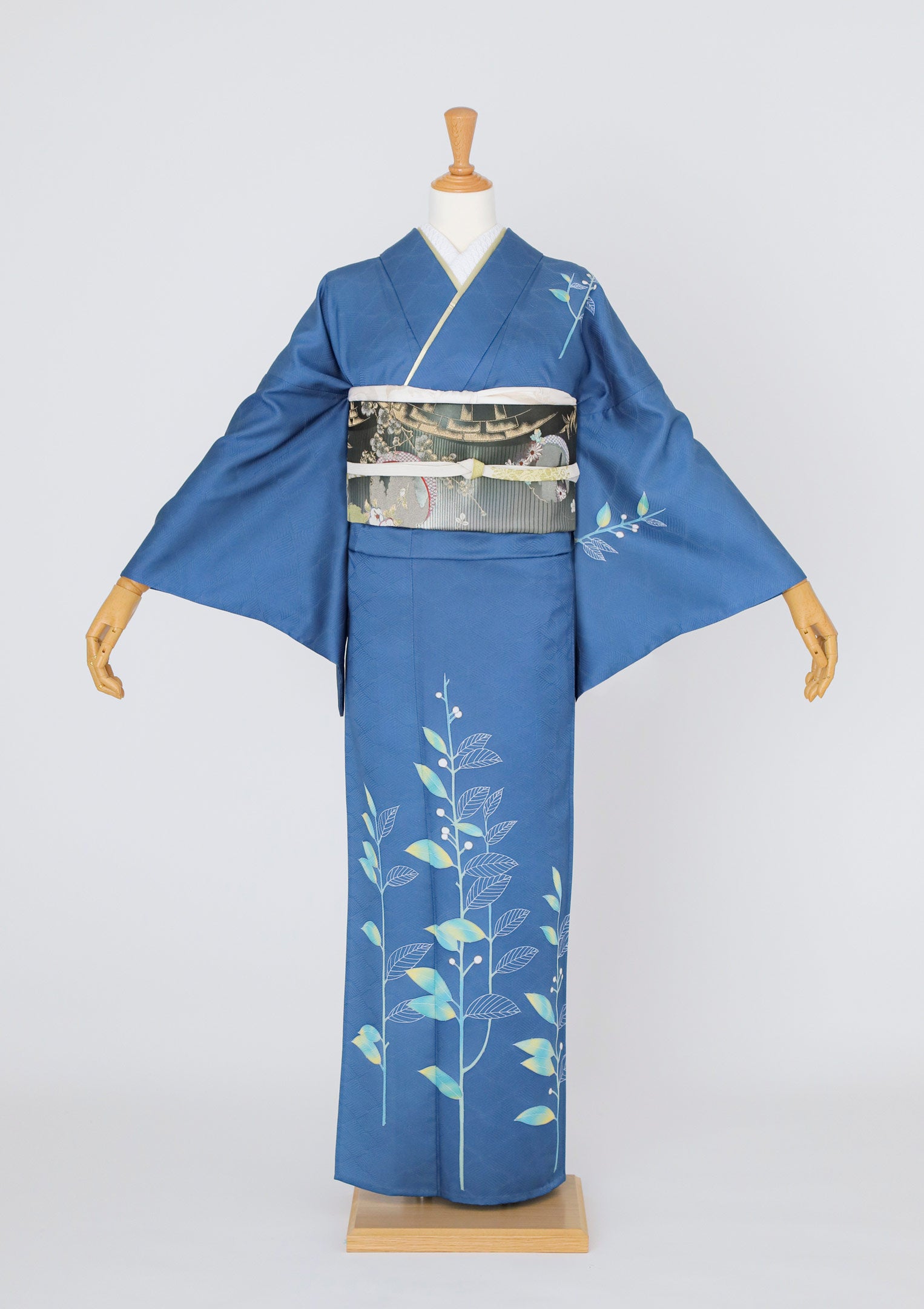 訪問着レンタル：紺碧色に青葉】鮮やかな深い青色で清麗に D-L3