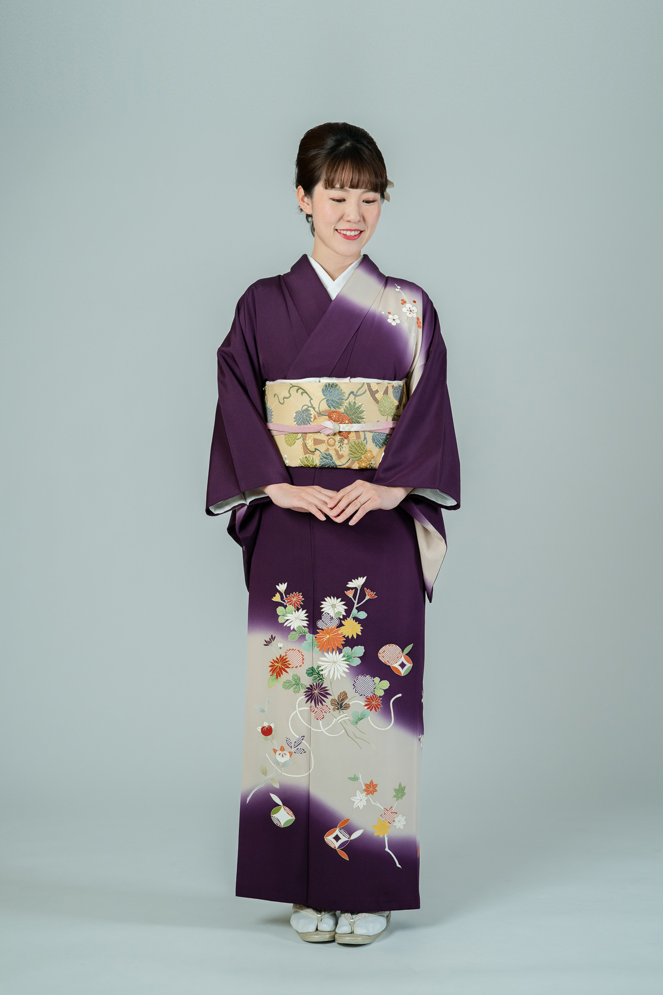 最高級訪問着レンタル】京友禅・濃紫とベージュのぼかし 四季草花柄 M