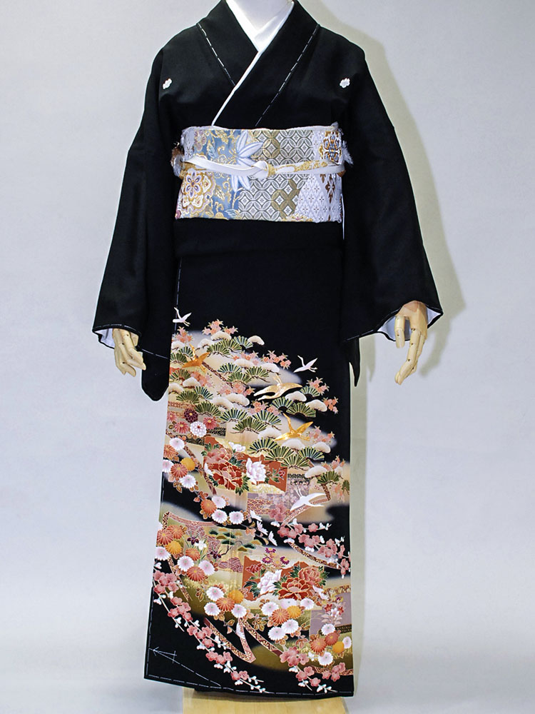 高級黒留袖レンタル】tm-1 古典柄・松竹梅に鶴 Lサイズ 松竹梅・鶴