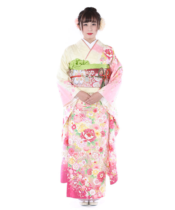 振袖レンタル｜クリームピンク牡丹桜ちりばめ｜F0035｜M｜宅配着物