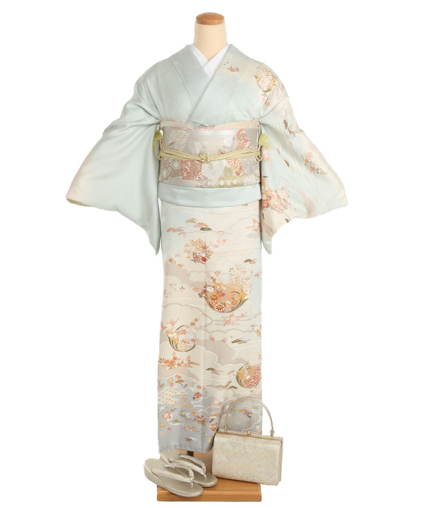B品訳あり】訪問着レンタル｜水色に宝尽くし吉祥文様｜H0071｜M｜宅配