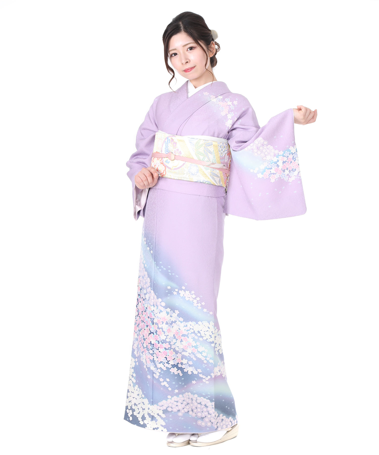訪問着レンタル｜薄い紫に紺色ぼかし桜小花｜H0119｜L｜宅配着物