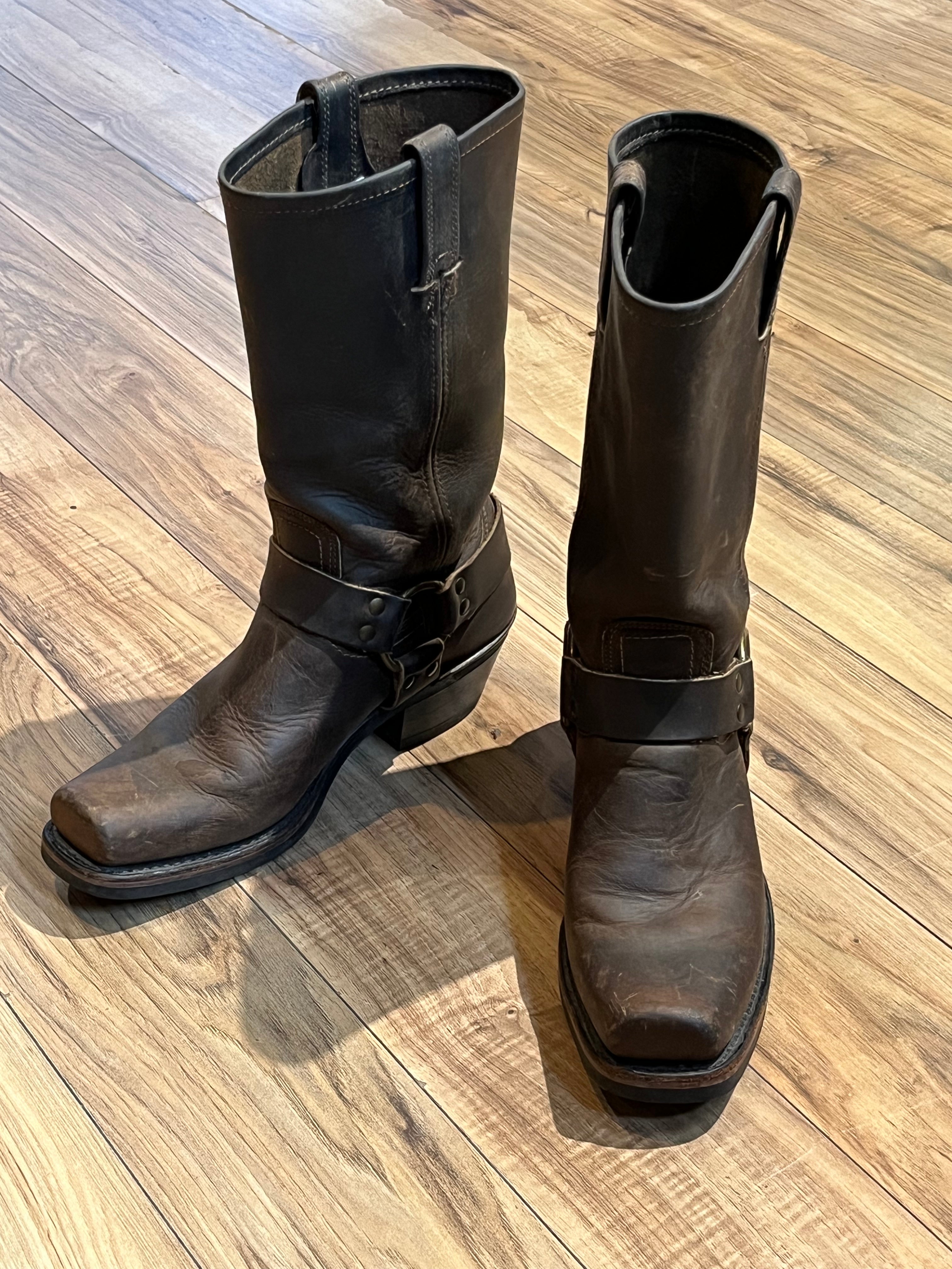 Vintage Frye Brown Harness Boots, Made in USA, Size 8 US Women