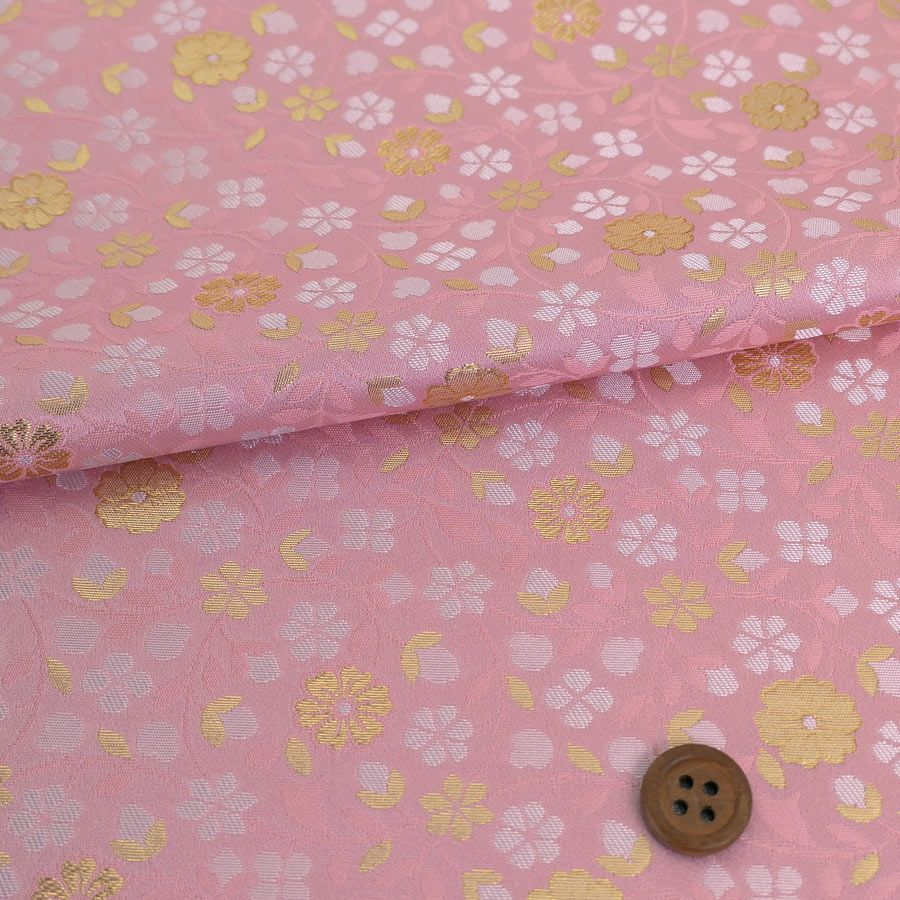 金襴生地(金らん) 優しい花の唐草模様(ピンク) 10cm単位 切り売り